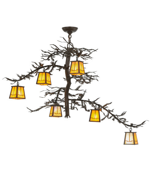 Meyda Lighting Pine Branch 45" 6-Light Cafe Noir Valley View Chandelier With Beige Iridescent Shade Glass