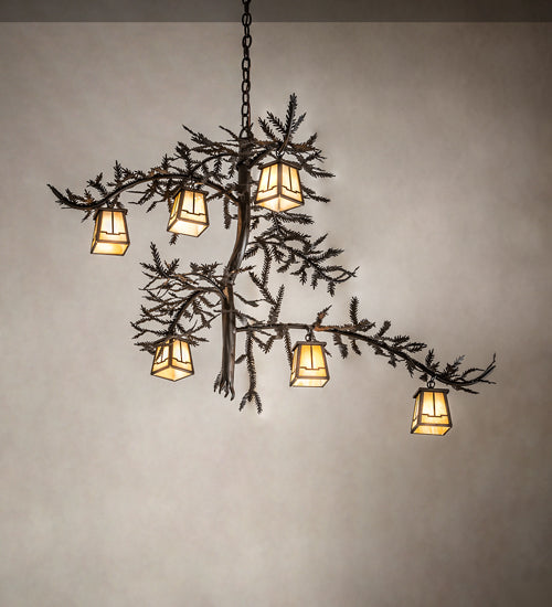 Meyda Lighting Pine Branch 45" 6-Light Oil Rubbed Bronze Valley View Chandelier With Beige Iridescent Shade Glass