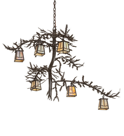 Meyda Lighting Pine Branch 45" 6-Light Oil Rubbed Bronze Valley View Chandelier With Beige Iridescent Shade Glass