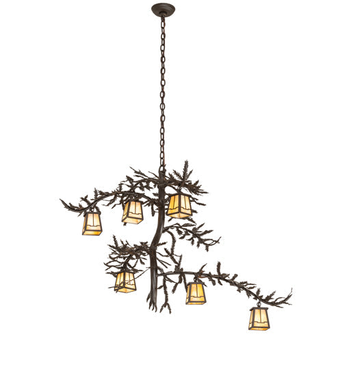 Meyda Lighting Pine Branch 45" 6-Light Oil Rubbed Bronze Valley View Chandelier With Beige Iridescent Shade Glass