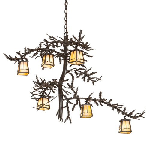 Meyda Lighting Pine Branch 45" 6-Light Oil Rubbed Bronze Valley View Chandelier With Beige Iridescent Shade Glass