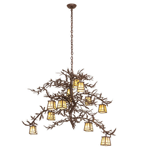 Meyda Lighting Pine Branch 48" 12-Light Cafe Noir Island Chandelier With Beige Art Shade Glass