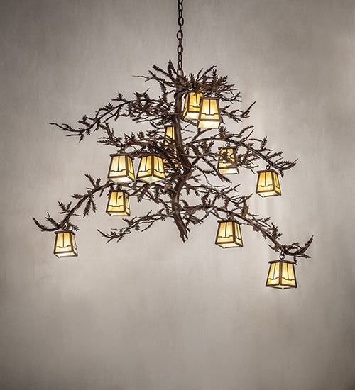 Meyda Lighting Pine Branch 48" 12-Light Cafe Noir Island Chandelier With Beige Art Shade Glass