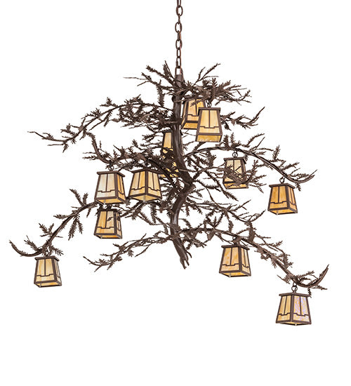 Meyda Lighting Pine Branch 48" 12-Light Cafe Noir Island Chandelier With Beige Art Shade Glass
