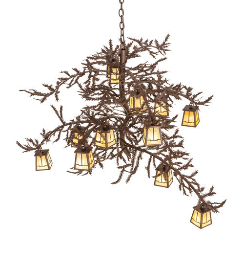 Meyda Lighting Pine Branch 48" 12-Light Cafe Noir Island Chandelier With Beige Art Shade Glass