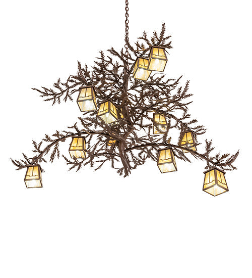 Meyda Lighting Pine Branch 48" 12-Light Cafe Noir Island Chandelier With Beige Art Shade Glass