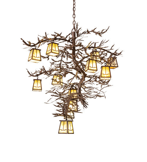 Meyda Lighting Pine Branch 48" 12-Light Cafe Noir Island Chandelier With Beige Art Shade Glass