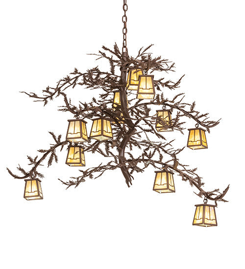 Meyda Lighting Pine Branch 48" 12-Light Cafe Noir Island Chandelier With Beige Art Shade Glass