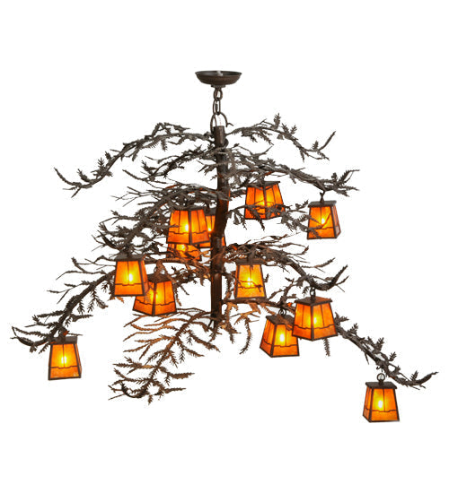 Meyda Lighting Pine Branch 48" 12-Light Cafe Noir Valley View Chandelier With Amber Mica Shade Glass