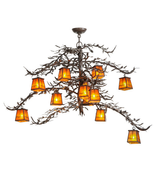 Meyda Lighting Pine Branch 48" 12-Light Cafe Noir Valley View Chandelier With Amber Mica Shade Glass