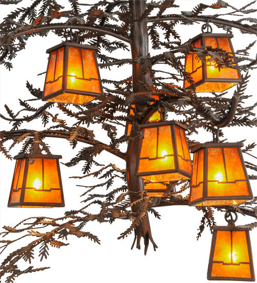 Meyda Lighting Pine Branch 48" 12-Light Cafe Noir Valley View Chandelier With Amber Mica Shade Glass