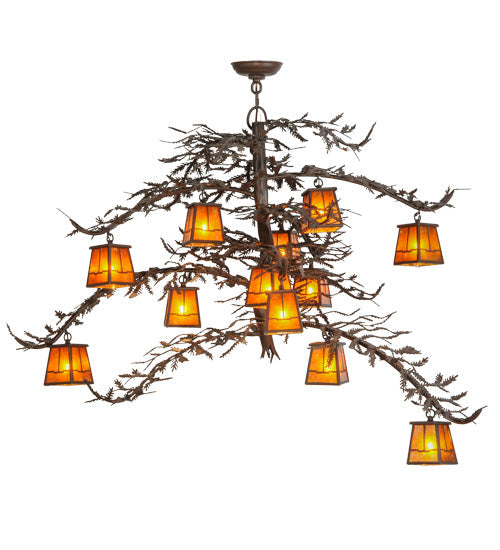 Meyda Lighting Pine Branch 48" 12-Light Cafe Noir Valley View Chandelier With Amber Mica Shade Glass