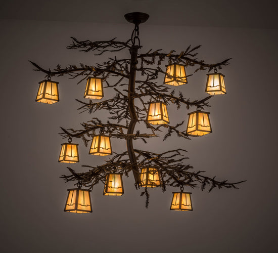 Meyda Lighting Pine Branch 48" 12-Light Cafe Noir Valley View Chandelier With Beige Iridescent Art Shade Glass