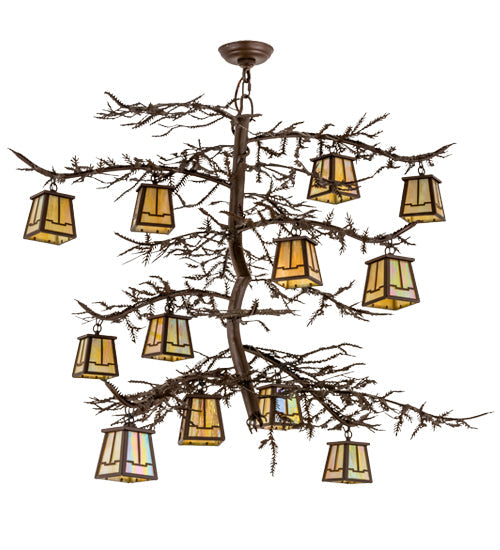 Meyda Lighting Pine Branch 48" 12-Light Cafe Noir Valley View Chandelier With Beige Iridescent Art Shade Glass