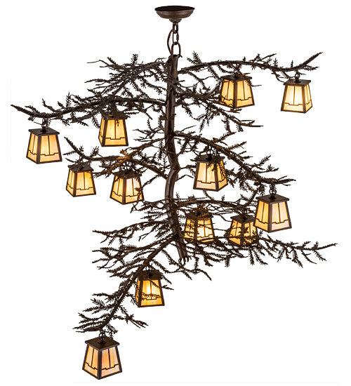 Meyda Lighting Pine Branch 48" 12-Light Cafe Noir Valley View Chandelier With Beige Iridescent Art Shade Glass