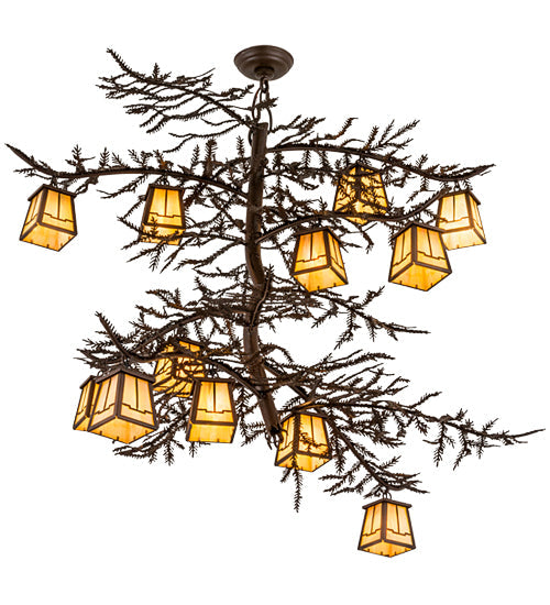 Meyda Lighting Pine Branch 48" 12-Light Cafe Noir Valley View Chandelier With Beige Iridescent Art Shade Glass