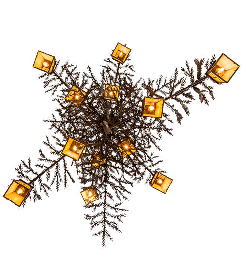 Meyda Lighting Pine Branch 48" 12-Light Cafe Noir Valley View Chandelier With Beige Iridescent Art Shade Glass