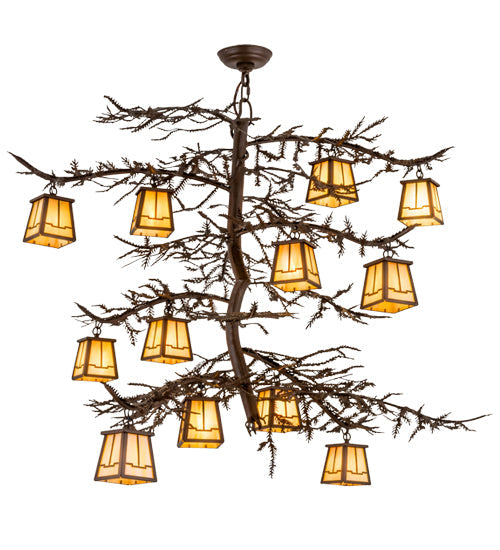 Meyda Lighting Pine Branch 48" 12-Light Cafe Noir Valley View Chandelier With Beige Iridescent Art Shade Glass