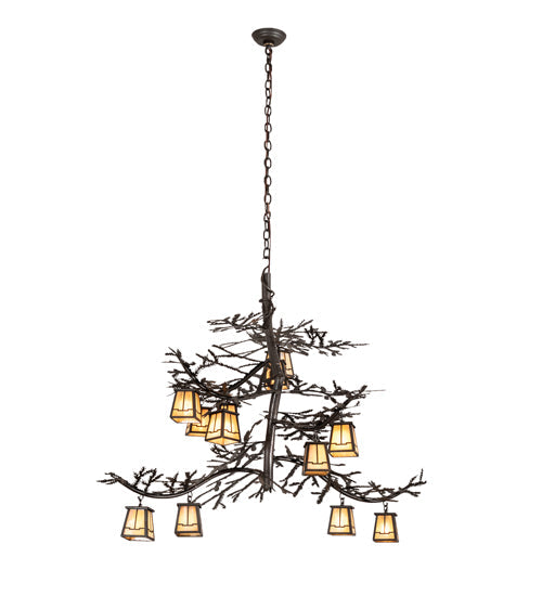 Meyda Lighting Pine Branch 48" 12-Light Copper Rust Chandelier With Beige Iridescent Shade Glass