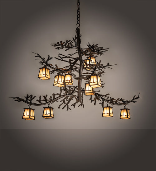 Meyda Lighting Pine Branch 48" 12-Light Copper Rust Chandelier With Beige Iridescent Shade Glass