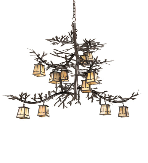 Meyda Lighting Pine Branch 48" 12-Light Copper Rust Chandelier With Beige Iridescent Shade Glass