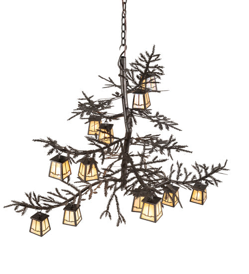 Meyda Lighting Pine Branch 48" 12-Light Copper Rust Chandelier With Beige Iridescent Shade Glass
