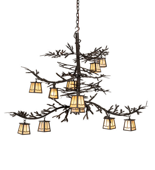 Meyda Lighting Pine Branch 48" 12-Light Copper Rust Chandelier With Beige Iridescent Shade Glass