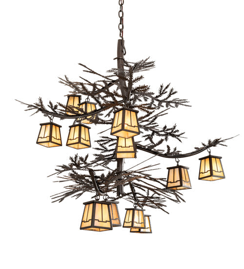 Meyda Lighting Pine Branch 48" 12-Light Copper Rust Chandelier With Beige Iridescent Shade Glass