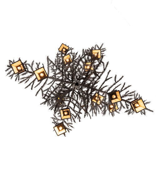 Meyda Lighting Pine Branch 48" 12-Light Copper Rust Chandelier With Beige Iridescent Shade Glass