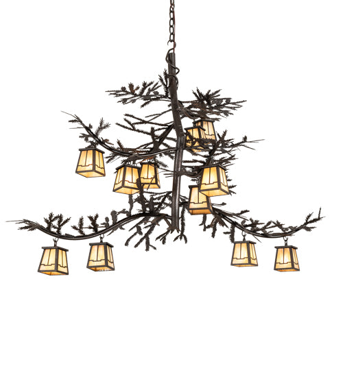 Meyda Lighting Pine Branch 48" 12-Light Copper Rust Chandelier With Beige Iridescent Shade Glass