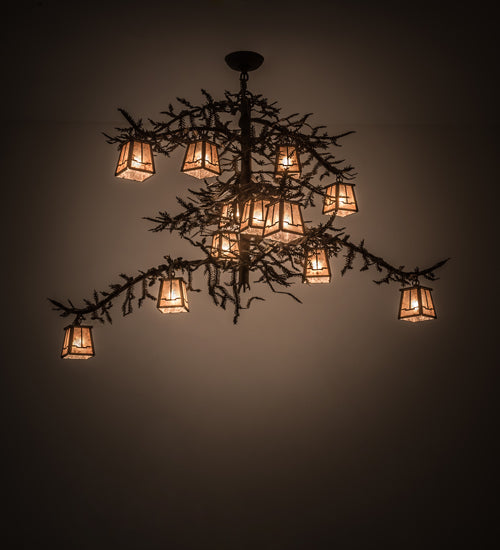 Meyda Lighting Pine Branch 48" 12-Light Dark Roast Valley View Chandelier With Silver Mica Shade Glass