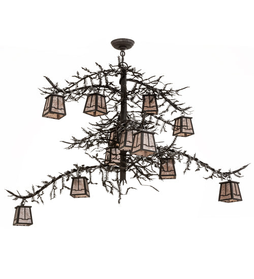 Meyda Lighting Pine Branch 48" 12-Light Dark Roast Valley View Chandelier With Silver Mica Shade Glass