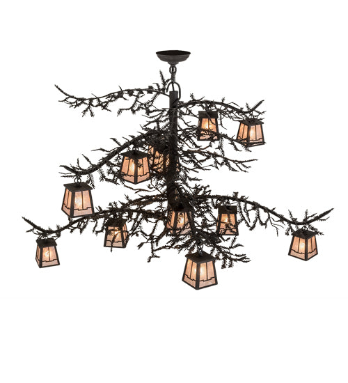 Meyda Lighting Pine Branch 48" 12-Light Dark Roast Valley View Chandelier With Silver Mica Shade Glass