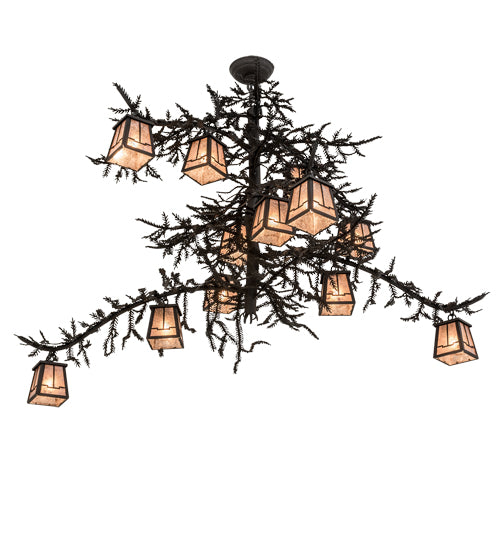 Meyda Lighting Pine Branch 48" 12-Light Dark Roast Valley View Chandelier With Silver Mica Shade Glass
