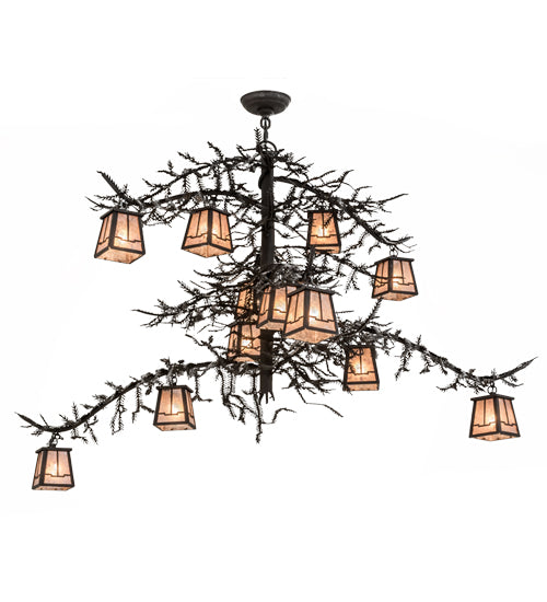 Meyda Lighting Pine Branch 48" 12-Light Dark Roast Valley View Chandelier With Silver Mica Shade Glass