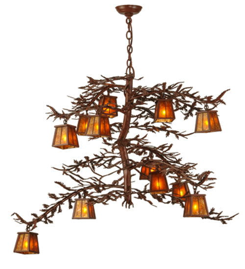 Meyda Lighting Pine Branch 48" 12-Light Rust Chandelier With Amber Mica Shade Glass