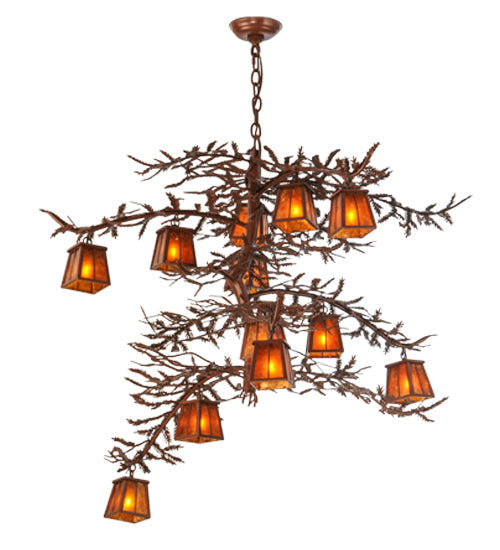 Meyda Lighting Pine Branch 48" 12-Light Rust Chandelier With Amber Mica Shade Glass