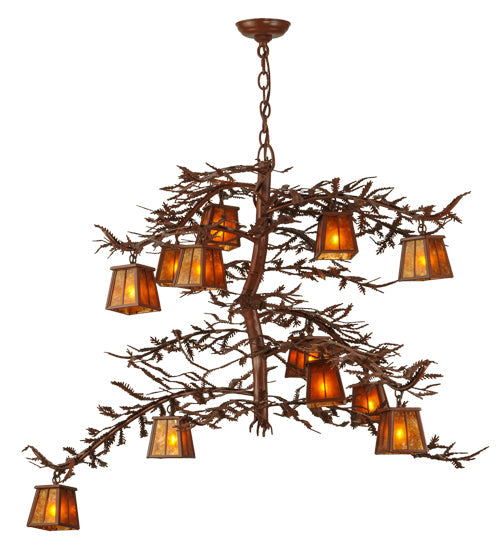 Meyda Lighting Pine Branch 48" 12-Light Rust Chandelier With Amber Mica Shade Glass