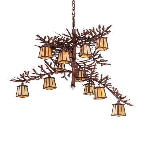 Meyda Lighting Pine Branch 48" 12-Light Rust Chandelier With Beige Iridescent Shade Glass