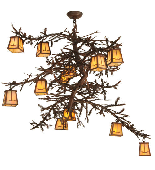 Meyda Lighting Pine Branch 48" 12-Light Rust & Wrought Valley View Chandelier With Beige Iridescent Shade Glass