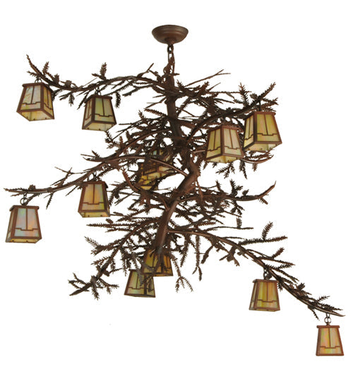 Meyda Lighting Pine Branch 48" 12-Light Rust & Wrought Valley View Chandelier With Beige Iridescent Shade Glass