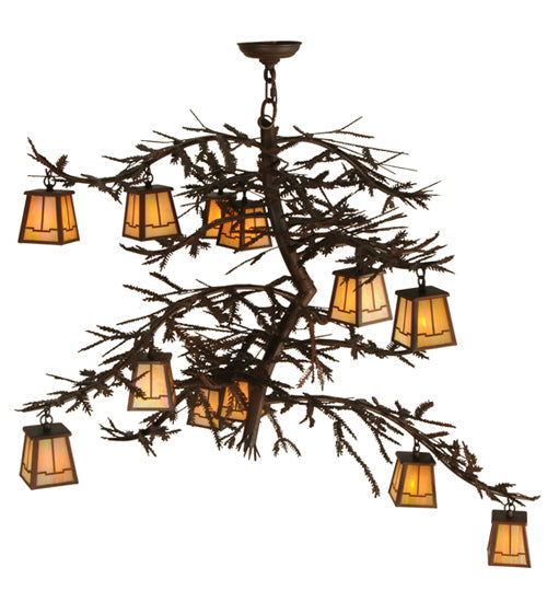 Meyda Lighting Pine Branch 48" 12-Light Rust & Wrought Valley View Chandelier With Beige Iridescent Shade Glass