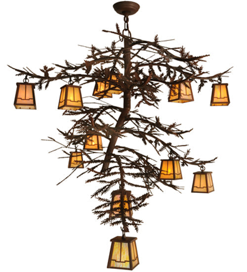 Meyda Lighting Pine Branch 48" 12-Light Rust & Wrought Valley View Chandelier With Beige Iridescent Shade Glass
