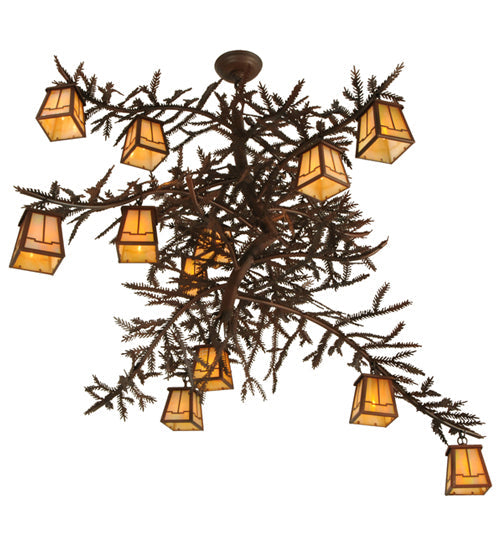 Meyda Lighting Pine Branch 48" 12-Light Rust & Wrought Valley View Chandelier With Beige Iridescent Shade Glass