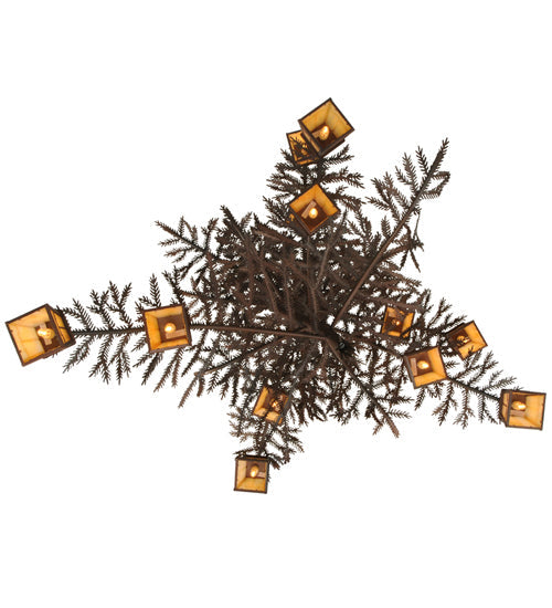 Meyda Lighting Pine Branch 48" 12-Light Rust & Wrought Valley View Chandelier With Beige Iridescent Shade Glass