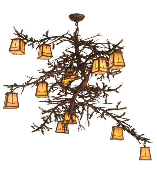 Meyda Lighting Pine Branch 48" 12-Light Rust & Wrought Valley View Chandelier With Beige Iridescent Shade Glass