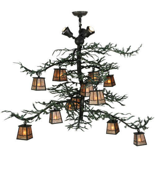 Meyda Lighting Pine Branch 48" 15-Light Wrought Iron Valley View Chandelier With Silver Mica Shade Glass