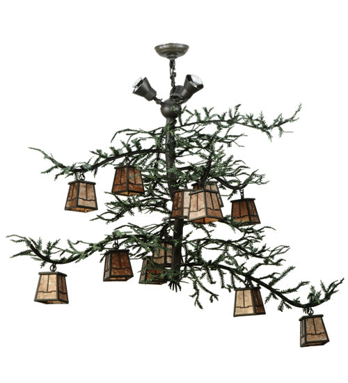 Meyda Lighting Pine Branch 48" 15-Light Wrought Iron Valley View Chandelier With Silver Mica Shade Glass