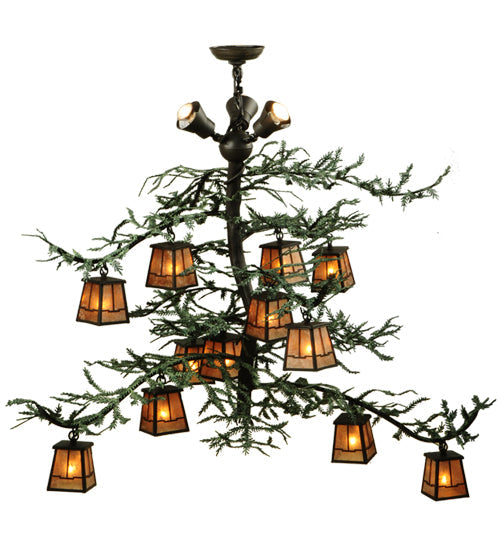 Meyda Lighting Pine Branch 48" 15-Light Wrought Iron Valley View Chandelier With Silver Mica Shade Glass