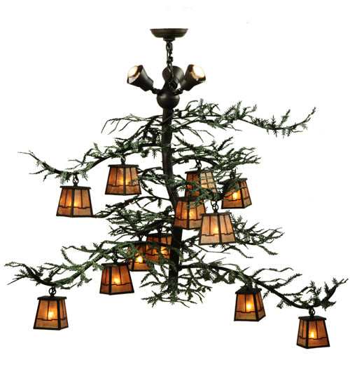 Meyda Lighting Pine Branch 48" 15-Light Wrought Iron Valley View Chandelier With Silver Mica Shade Glass